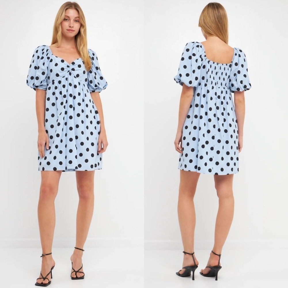 New English Factory Dotted BabyDoll Mini Dress Blie Puff Sleeve Large prairie